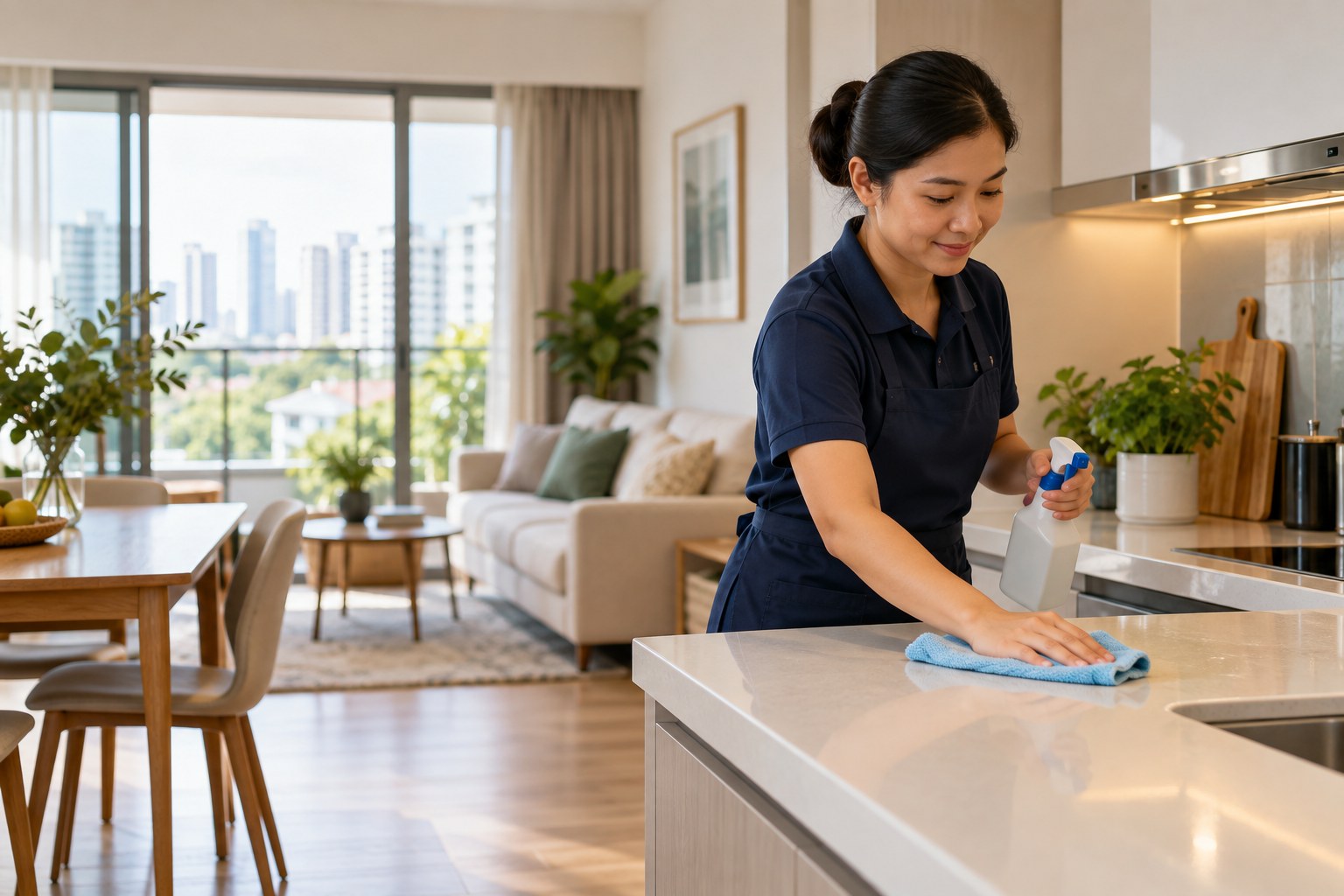 HomeShine cleaner wiping a kitchen counter in a bright home